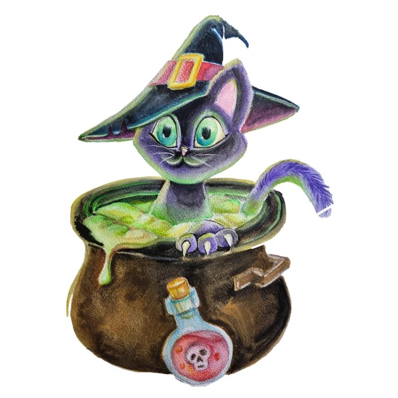 Chat sorcière dans une marmite