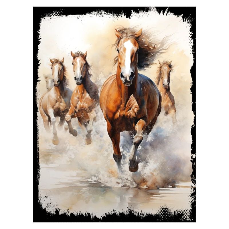 Groupe de chevaux sauvages Plage Sable Eau Éclaboussures