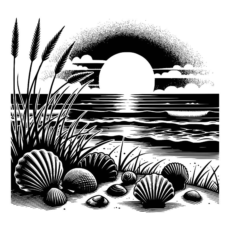 Shells and grass beach motif with sunset