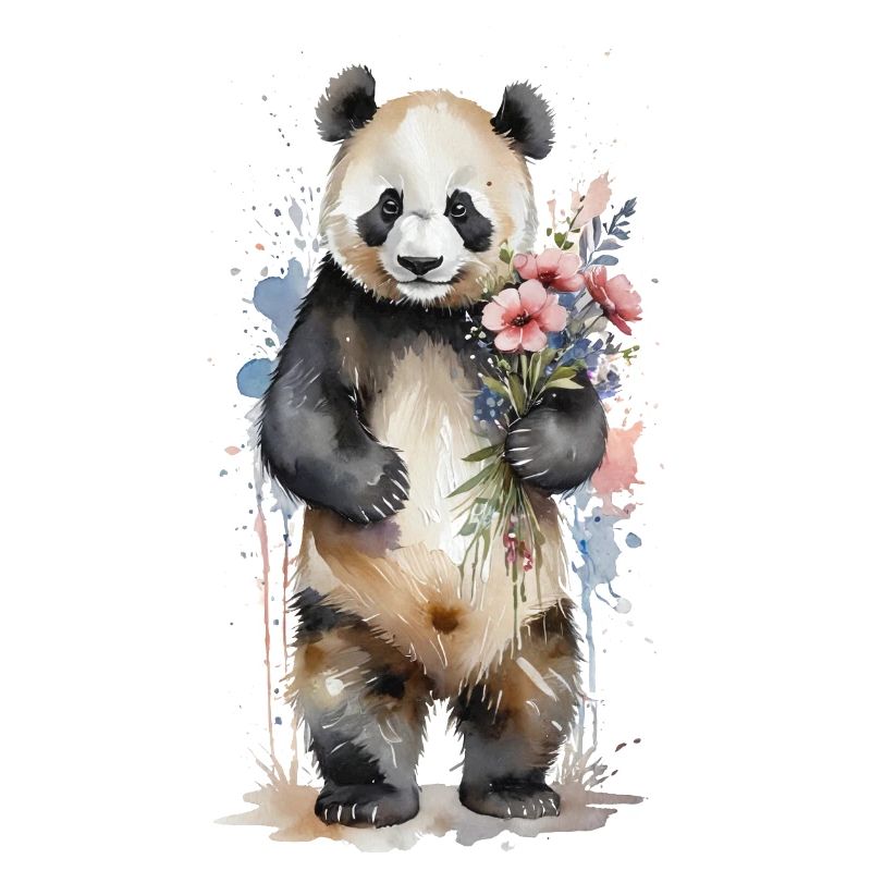 Gentil géant avec des fleurs - Aquarelle Panda