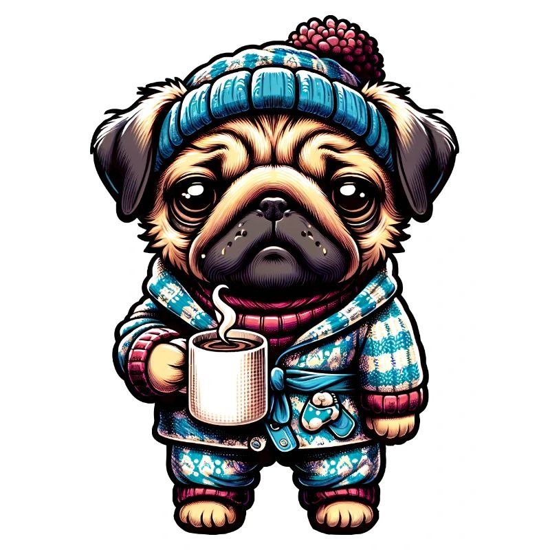Mops in Pyjama und Schal mit einer Kaffeetasse