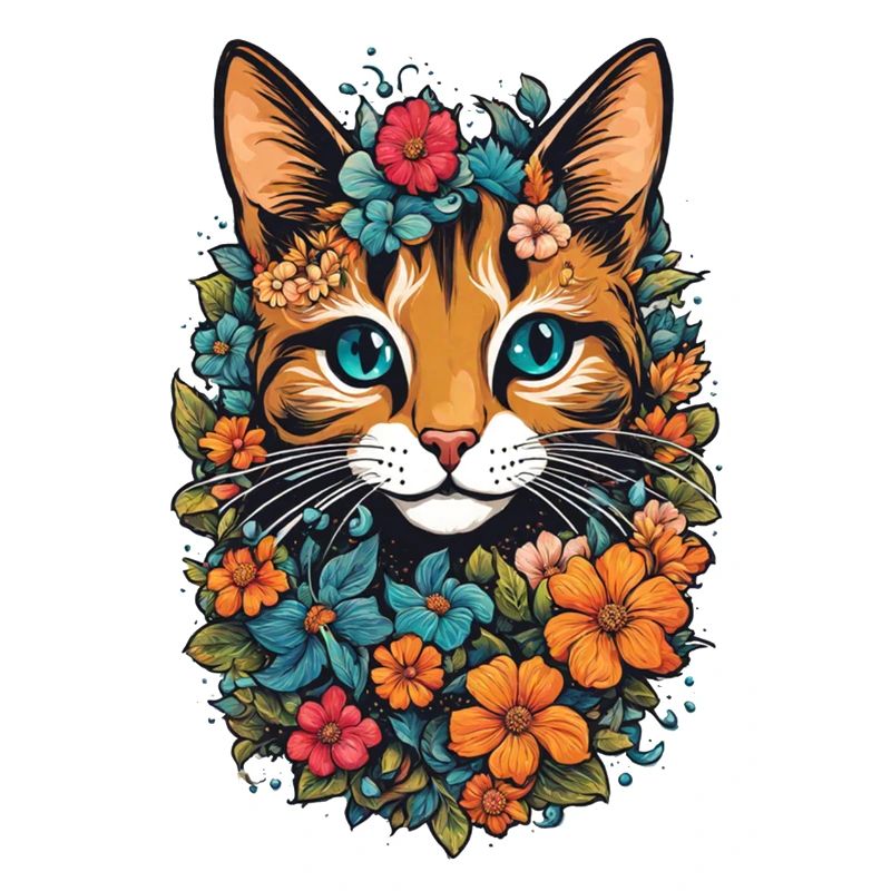 chat et fleur aquarelle