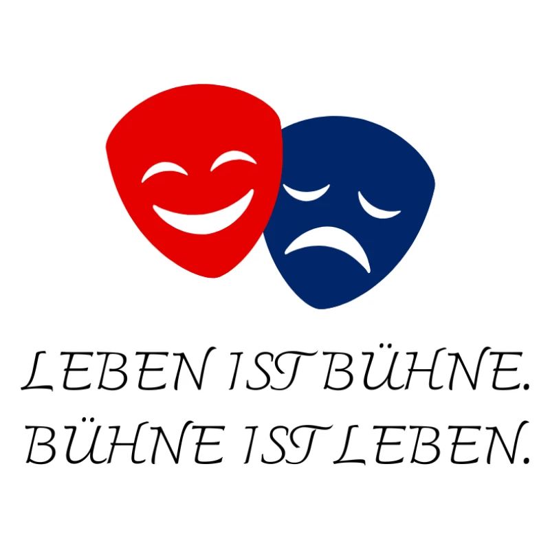 Rote und blaue Theatermasken mit Bühnenzitat