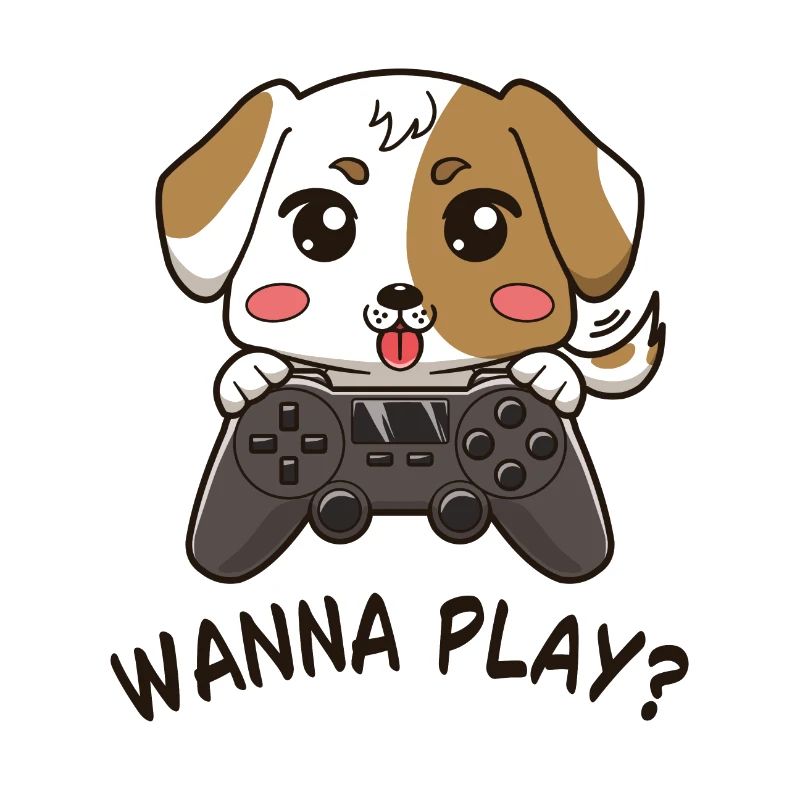 Petit chiot mignon de style dessin animé avec manette de jeu