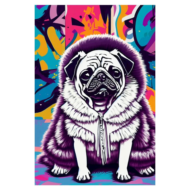 Carlin en manteau de fourrure devant un mur de graffitis | Pop art