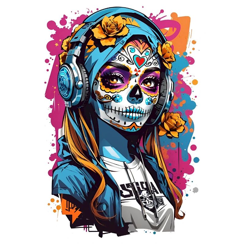 Totenkopfmädchen mit Kopfhörern