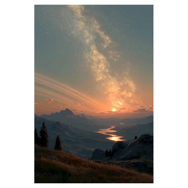 Cosmic Sunset Over Mountains