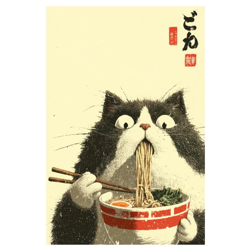 Chat surpris mangeant des ramen