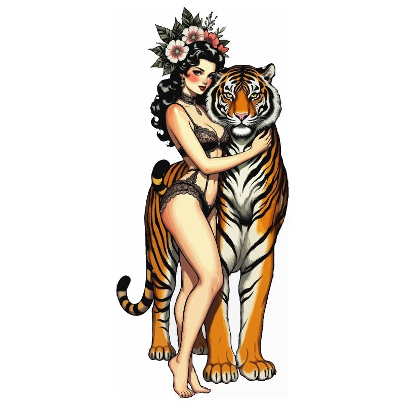 Pin-up-Mädchen mit Tiger