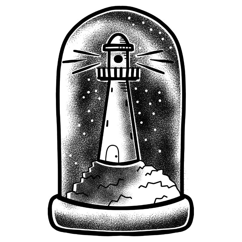 Tattoo style Lighthouse in a Tall Glass dome