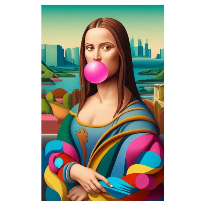 Mona lisa as a model 80s style with bubble gum