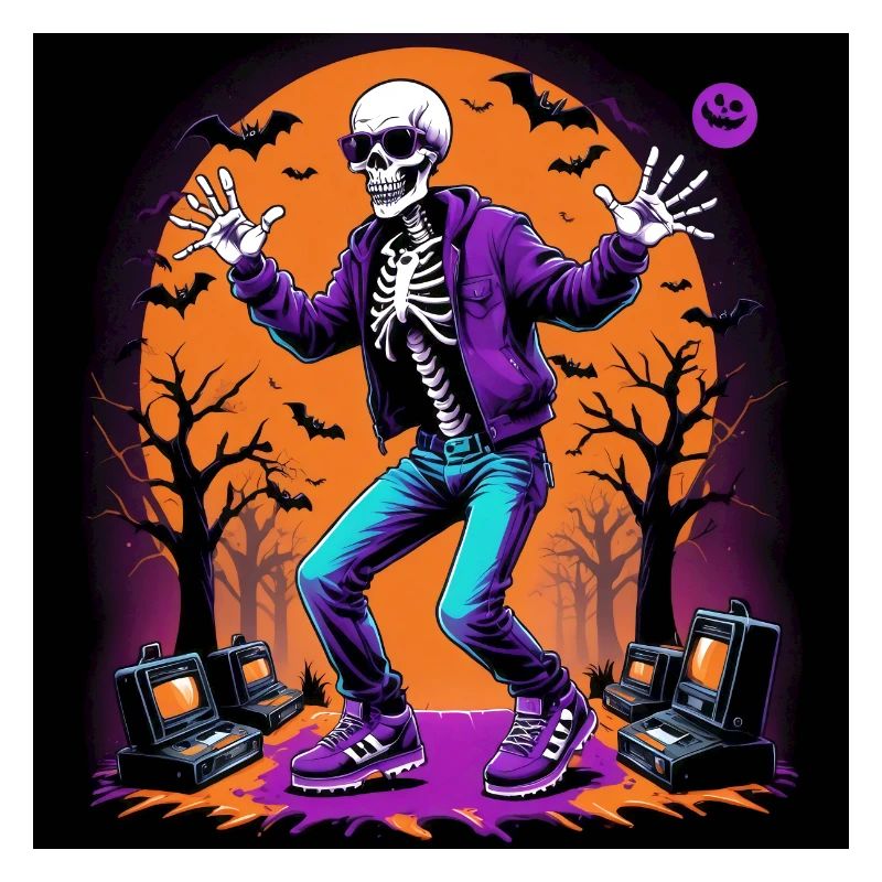 Skeleton Halloween Dance Cemetery Pumpkin Retro