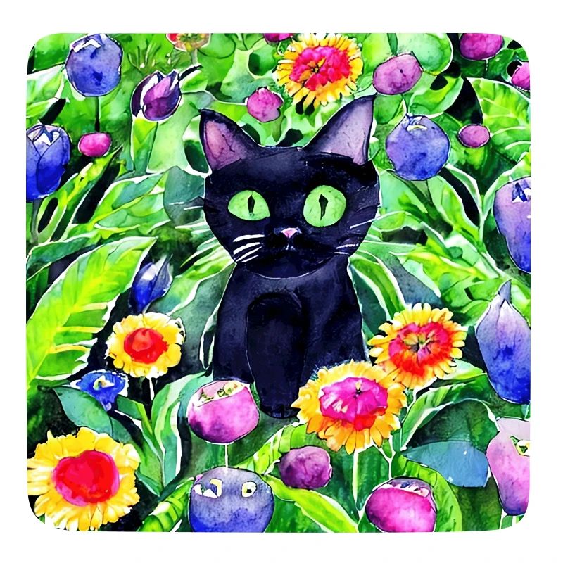 Chat noir assis dans un jardin de fleurs