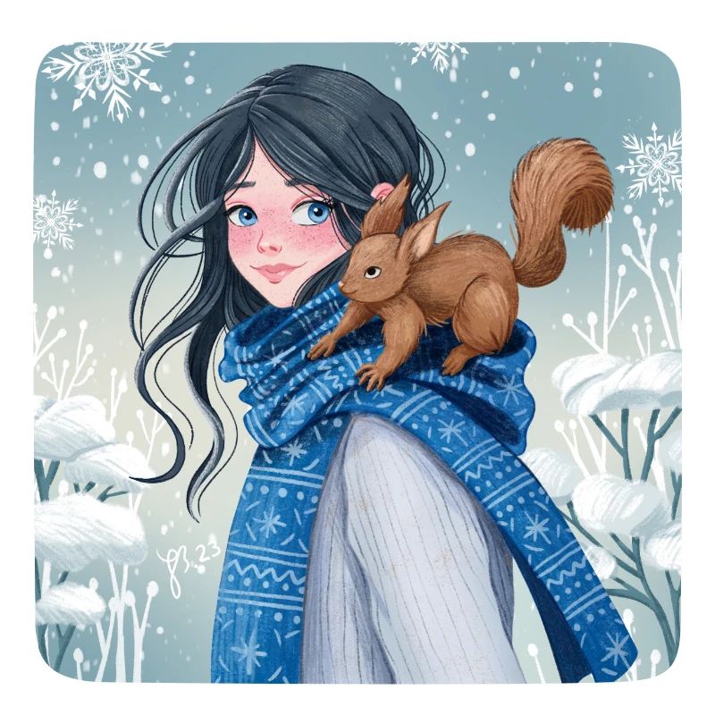 First snow, winter day with squirrel