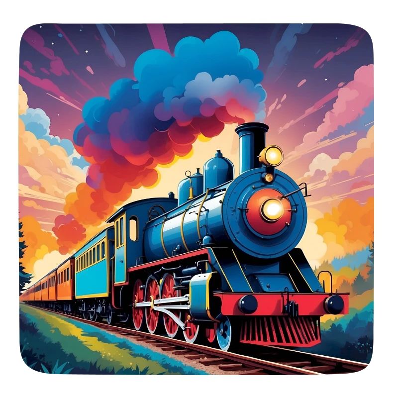 Bunte Eisenbahn mit qualmender Dampflok