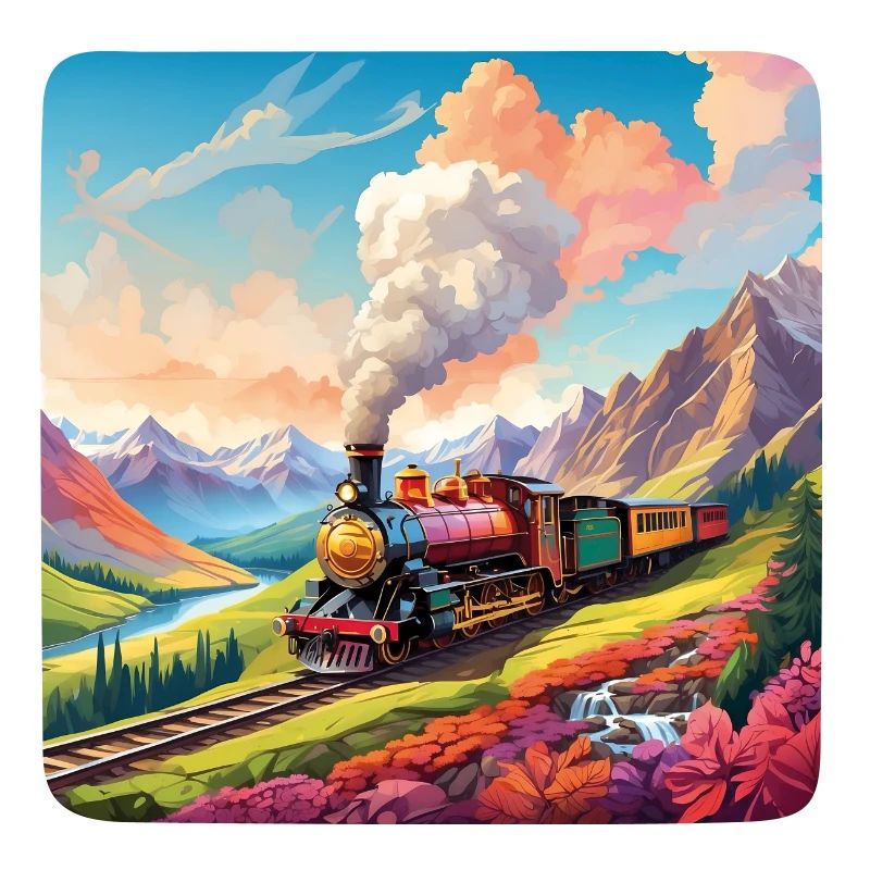 Farbenfrohe Dampflokomotive mit Eisenbahnzug