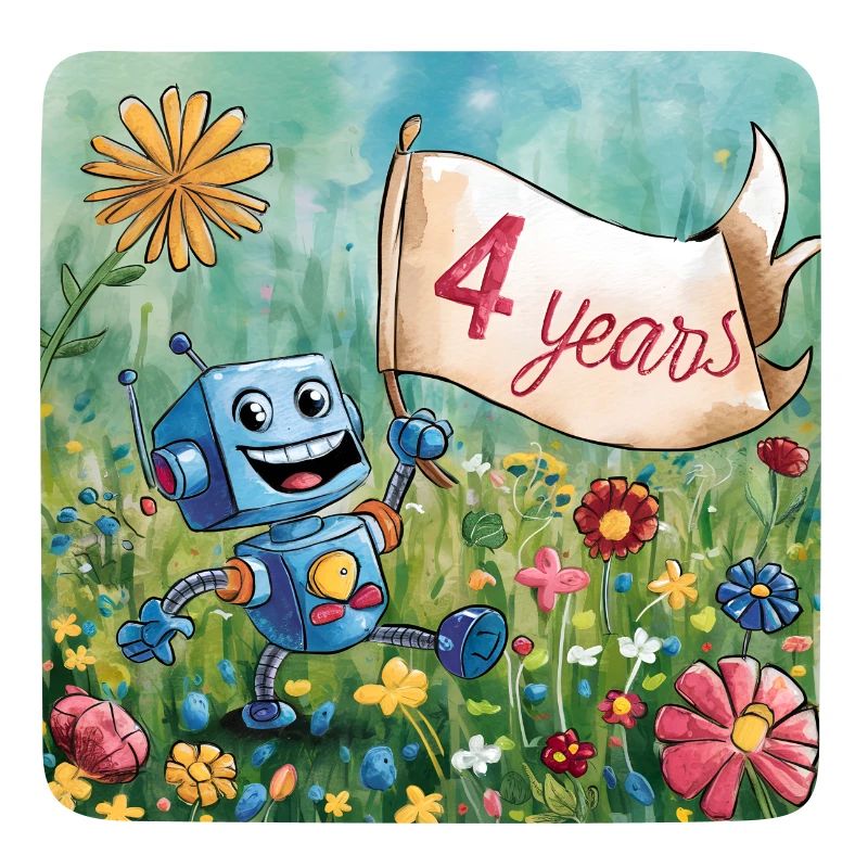 4 years, 4th birthday robot on flower meadow