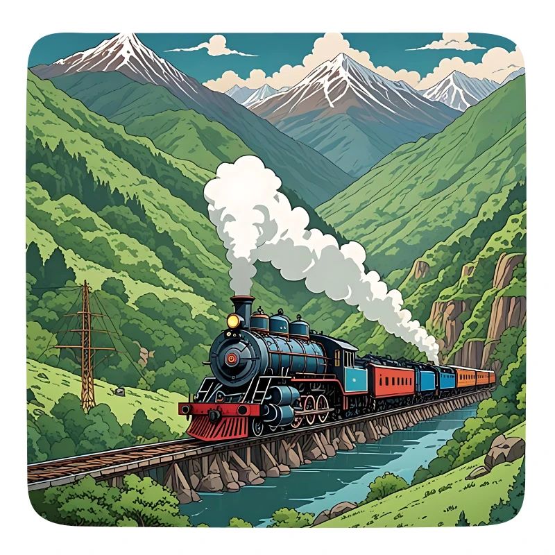 Bunter nostalgischer Eisenbahnzug mit Dampflok