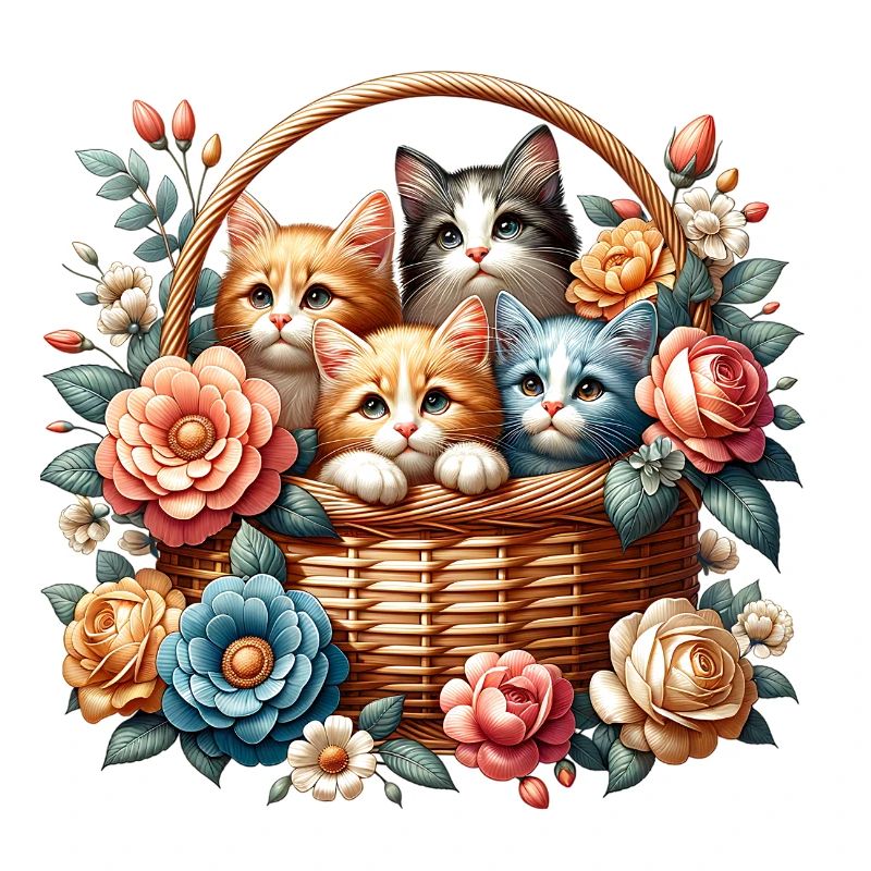 beaucoup de chatons mignons dans un panier avec des fleurs