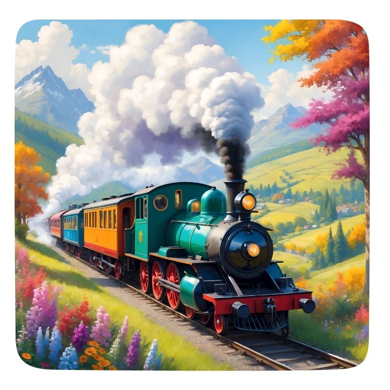 Bunte Eisenbahn mit qualmender Dampflok