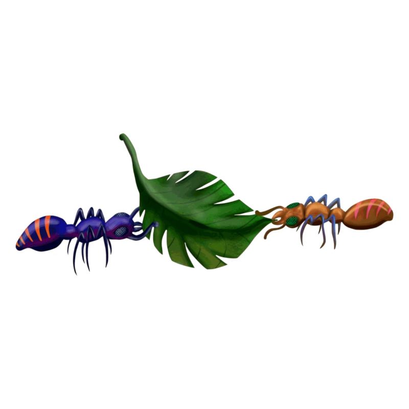 2 ants carry leaf in teamwork