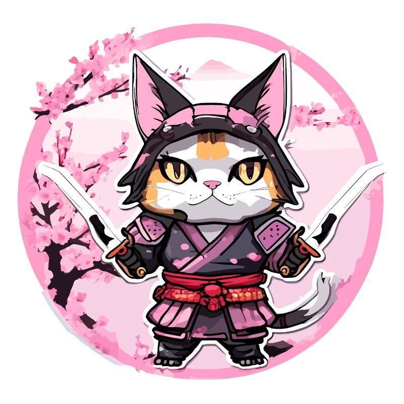 Samurai Cat & Cherry Blossoms #1