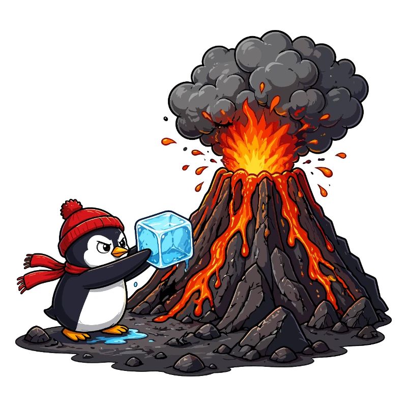 Pinguin und Vulkan mit Eiswürfel