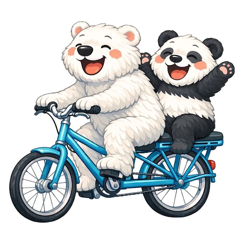 Two teddy bears on a bicycle