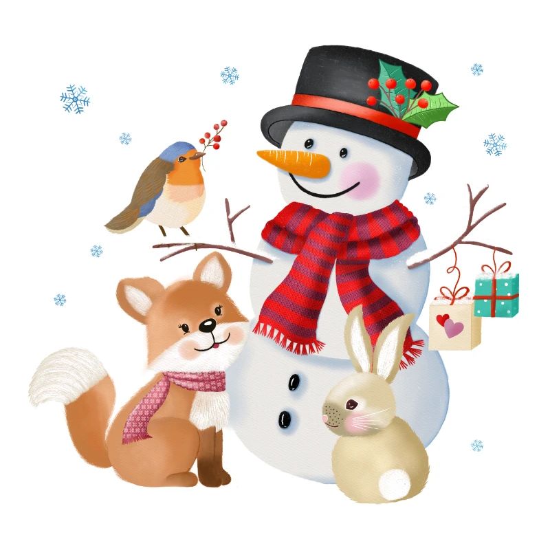 Snowman with fox, robin and hare