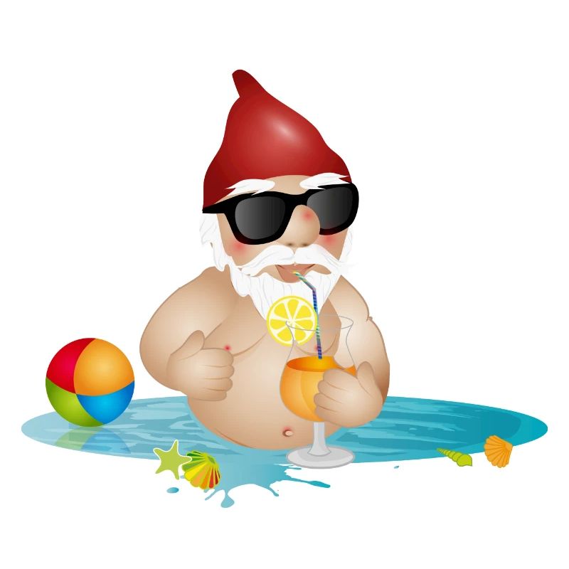 Gartenzwerg im Swimmingpool oder Meer und Getränk