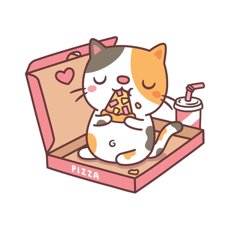 Mignon chat mangeant pizza dans la boîte à pizza