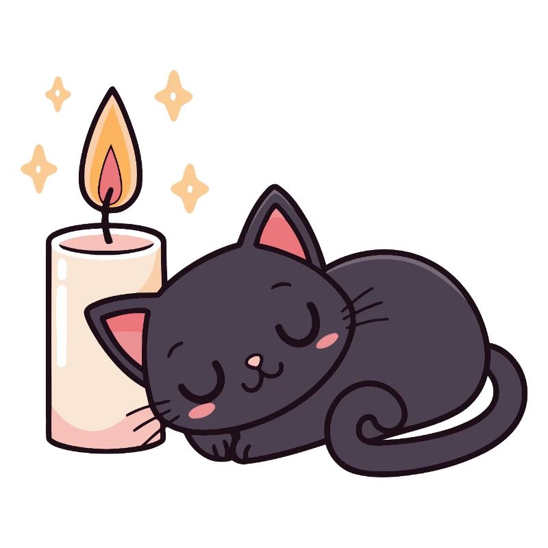 Sleeping black cat and bright candle