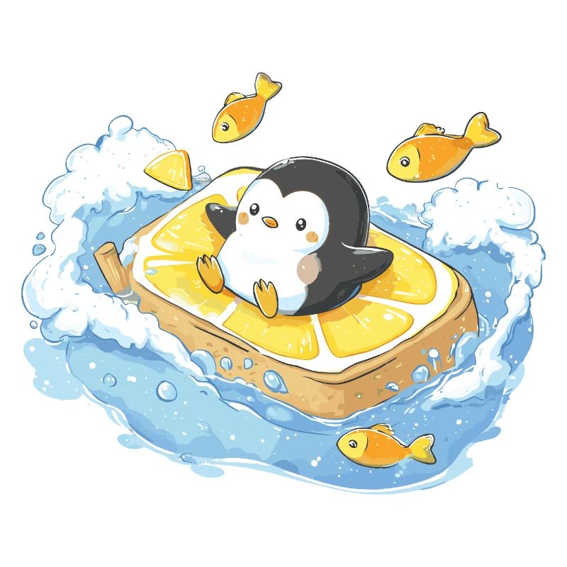 Captain Penguin on Orange Surfboard