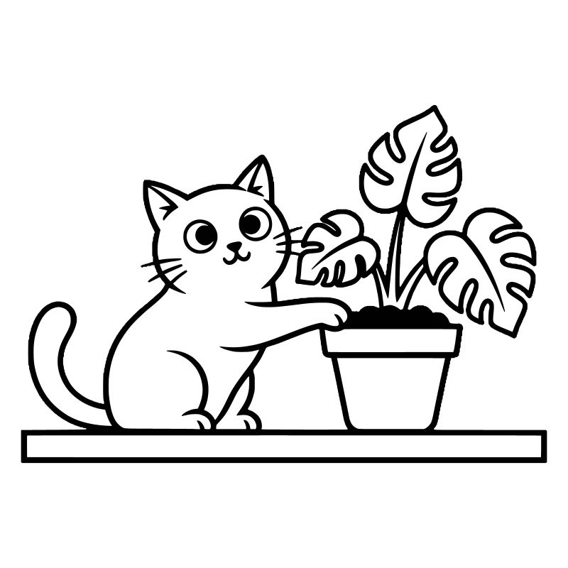 Katze Pflanze Monstera Outline