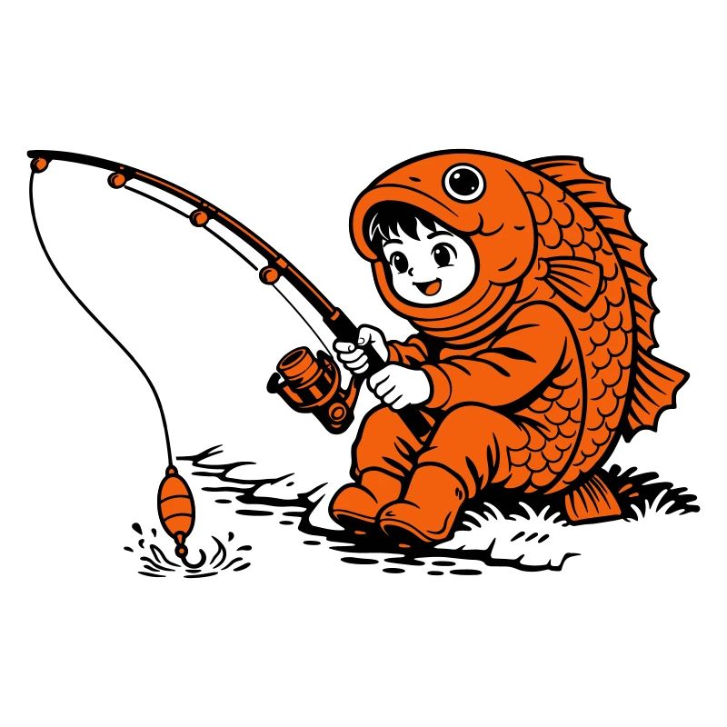 Junge im Fischkostüm angelt