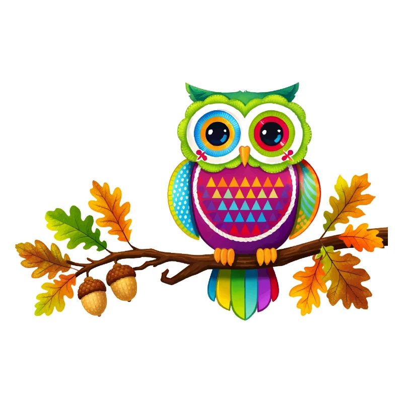 Bunte Eule auf Ast mit Herbstblättern