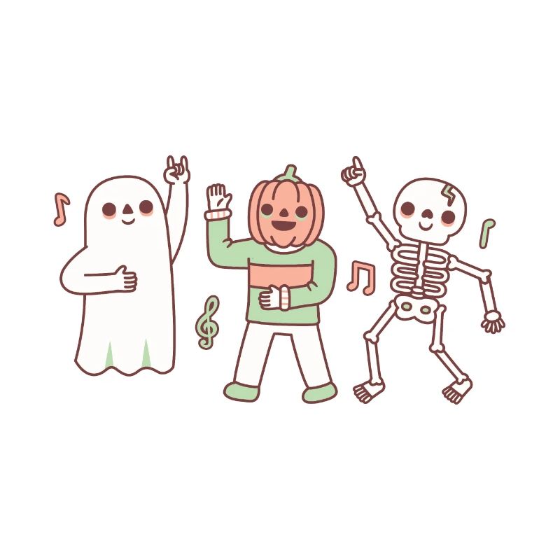 Funny Dancing Ghost, Jack O Lantern and Skeleton
