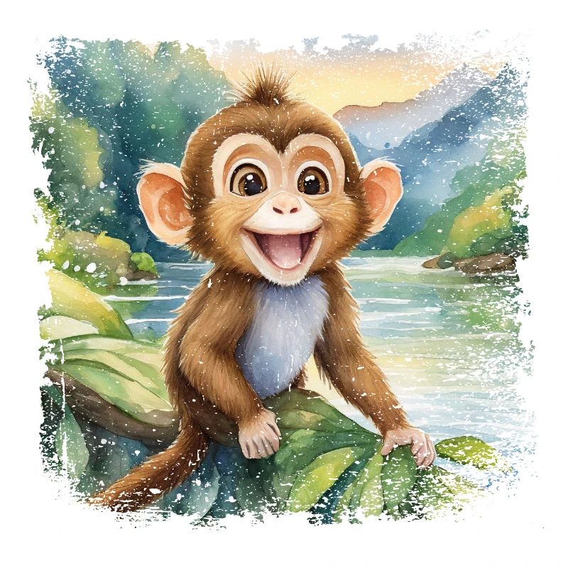 Cute young monkey, cheerful by the river