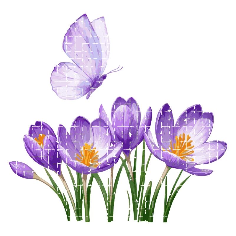 Crocus violets et papillon : conception en treillis