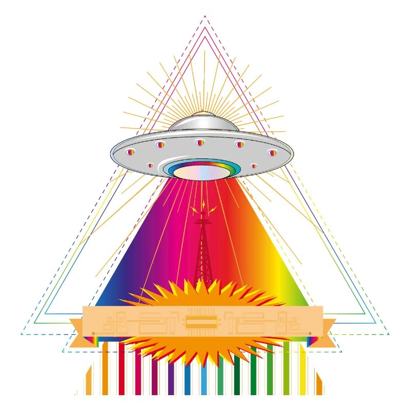 UFO over a glowing rainbow triangle