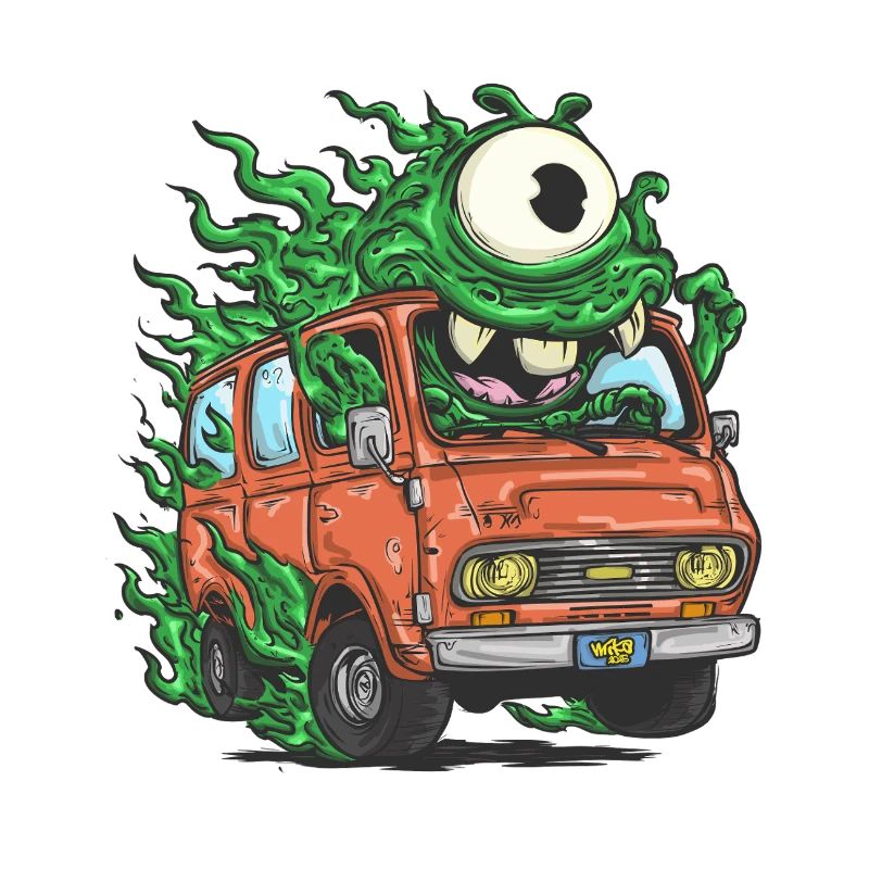 Grüner Monster im Retro Van