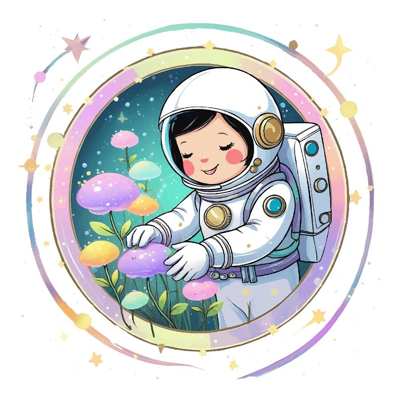 Fille astronaute avec des champignons - Conception spatiale mignonne