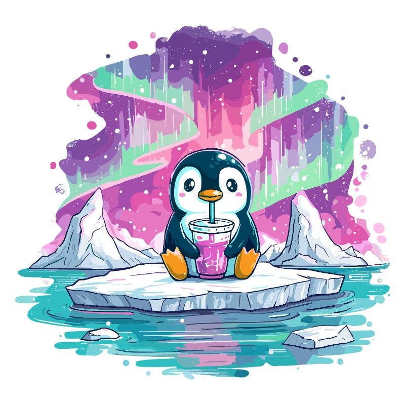 Pingouin sur glace avec boisson rose