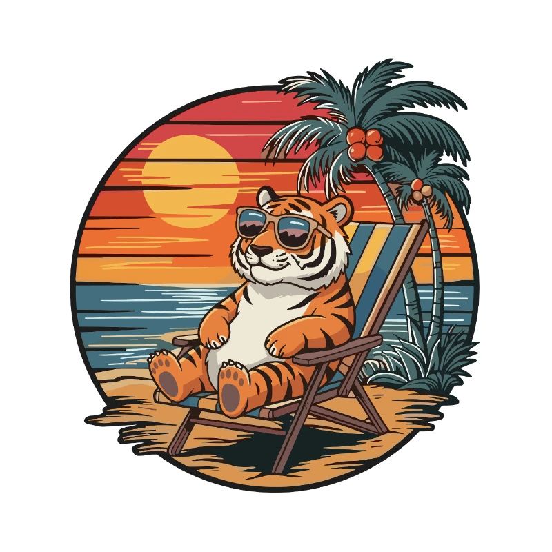 Funny Tiger on Beach Summer Vacation Sunset