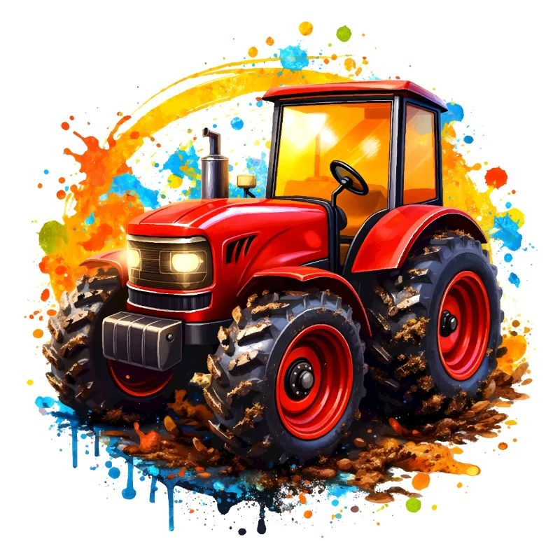 Red tractor with paint splashes