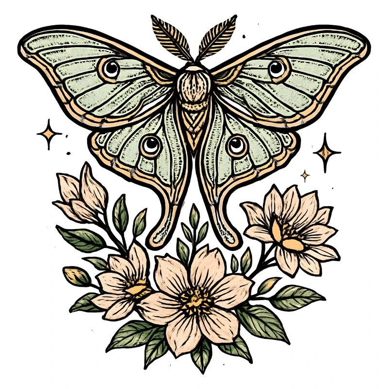 Papillon de nuit avec bouquet de fleurs