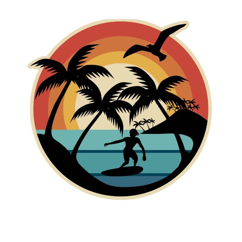 70's 80's surfers under palm trees sunset