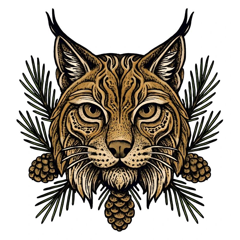 Luchs Kopf mit Tannenzweigen