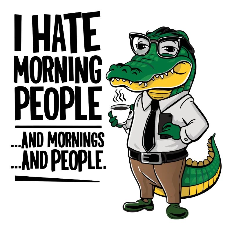 First coffee grumpy crocodile with coffee cup