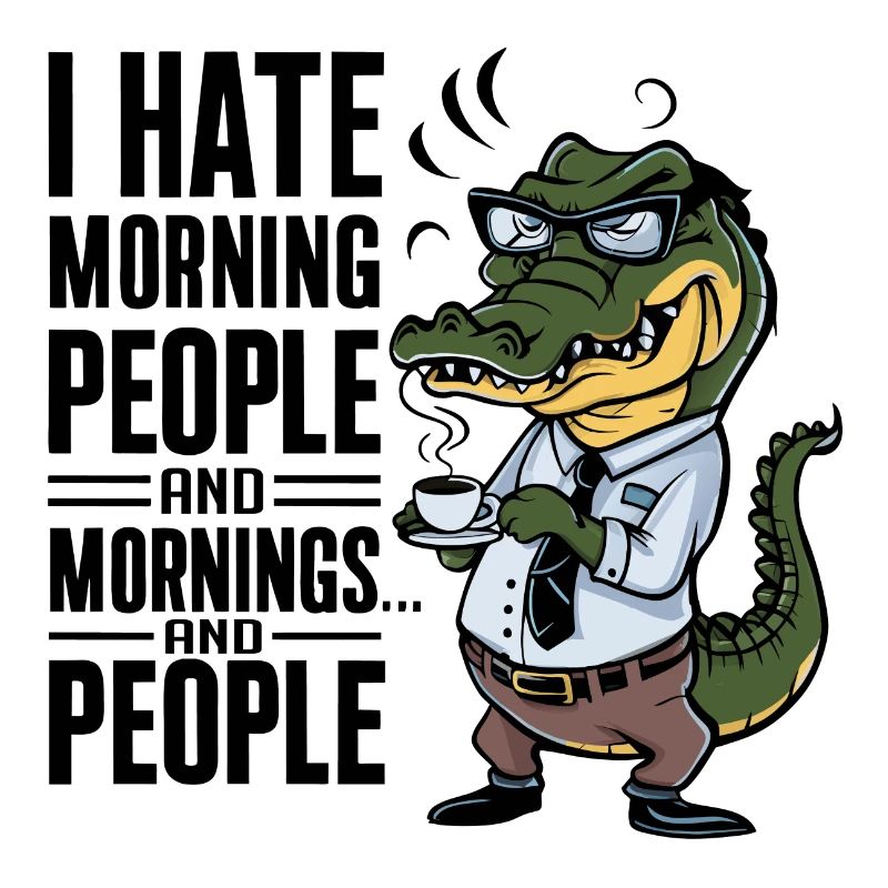 First coffee grumpy crocodile with coffee cup